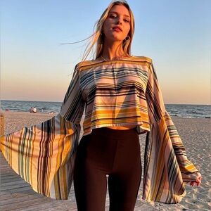 NWT To et Moi Striped Bell Sleeve Crop Top | Boho Y2K Festival | Size L